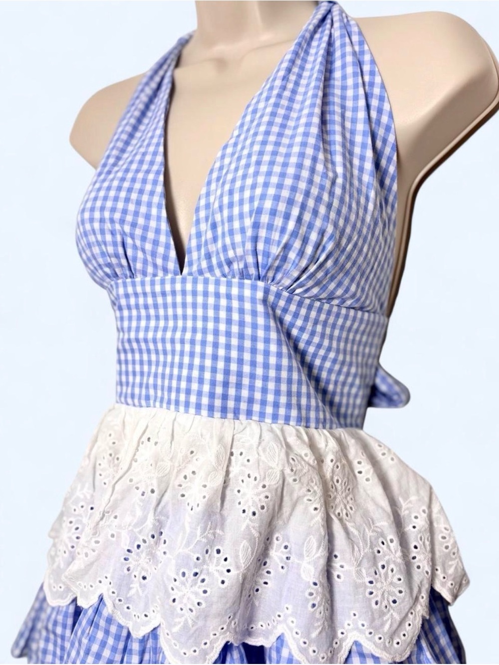 Sugar Thrillz Blue Gingham Broderie Tiered Halter Dress Tieback Size XS - Picture 3 of 5